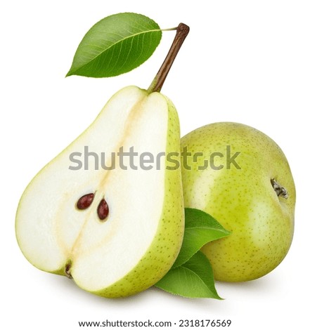 Pear Clipping Path. Ripe whole pear with green leaf and half isolated on white background. Pear macro studio photo