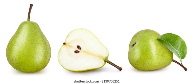 Pear collection with leaf isolate. Pear slice and half on white. Pear clipping path. - Shutterstock ID 2139708251