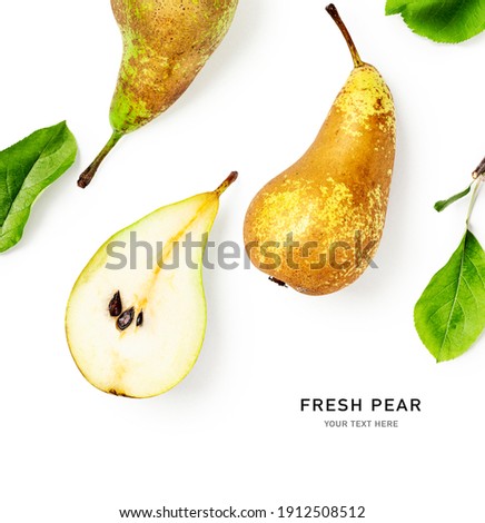 Pear fruit composition and creative layout isolated on white background. Healthy eating and dieting food concept. Fruits arrangement and design elements. Top view, flat lay