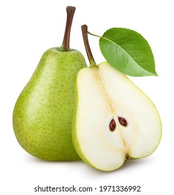 Pear fruit with pear leaf isolated on white background. Pear clipping path. Professional studio macro shooting - Shutterstock ID 1971336992