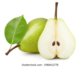Pear fruit with pear leaf isolated on white background. Pear clipping path. Professional studio macro shooting - Shutterstock ID 1980412778