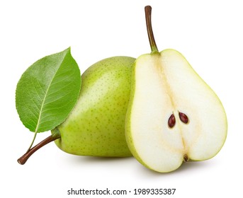 Pear fruit with pear leaf isolated on white background. Pear clipping path. Professional studio macro shooting - Shutterstock ID 1989335387