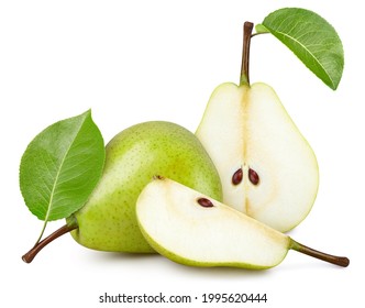 Pear fruit with pear leaf isolated on white background. Pear clipping path. Professional studio macro shooting - Shutterstock ID 1995620444