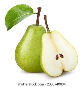 Pear fruit with pear leaf isolated on white background. Pear clipping path. Professional studio macro shooting - Shutterstock ID 2008740884