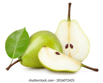 Pear fruit with pear leaf isolated on white background. Pear clipping path. Professional studio macro shooting - Shutterstock ID 2016072425
