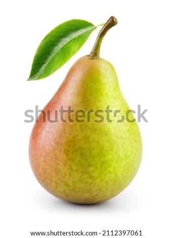 Pear isolated. Green pear with leaf on white background. With clipping path. Full depth of field. 