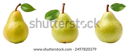 Pear isolated. Green pear with leaf on white background. With clipping path. Full depth of field.
