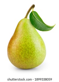 Pear isolated. One green pear fruit with leaf on white background. Green pear. With clipping path. Full depth of field. 