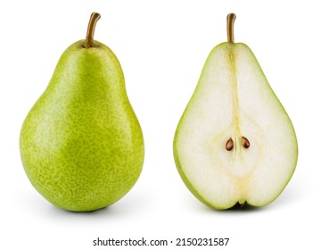 Pear isolated. One whole green pear and a half of fruit on white background. Pear slice. With clipping path. Full depth of field. 