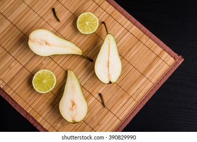 Pear On Bamboo Napkin, Top View, Flat Lay