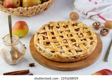 Pear Pie With Pastry Lattice On The Table With Ingredients