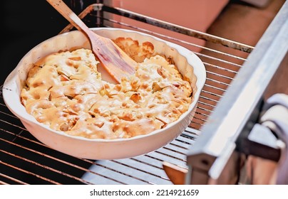 Pear Pie In Round Baking Tray In Open Oven. Weekend Morning Dessert, Sunlight In A Kitchen. Homemade Family Branch