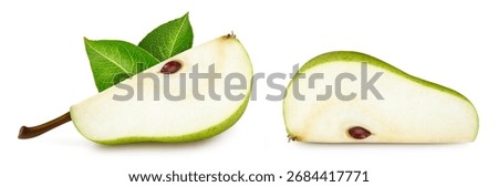 Pear slice. Pear Clipping Path. Pear fruit with green leaf and slice isolated on white background