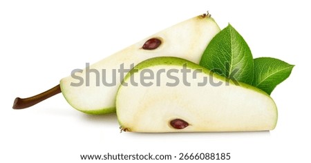 Pear slice with leaf isolated on white background. Clipping path Green Pear. Green Pear slice
