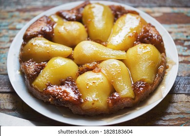 Pear Tarte Tatin. Upside Down Cake With Caramel And Pears. 