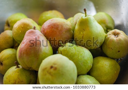 Pear texture: lots of pears collected in a bowl. Pear storage