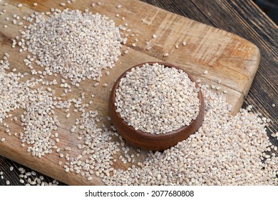 Pearl Barley For Cooking Porridge, Cereals Are Scattered In Dishes On The Table, Pearl Barley Is Made From Barley