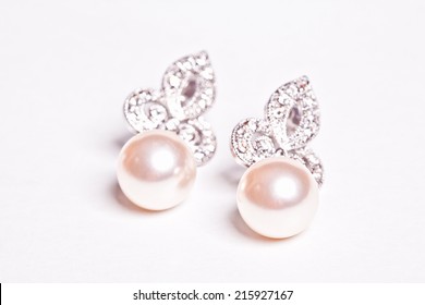 Pearl Diamond Earrings Isolated On White