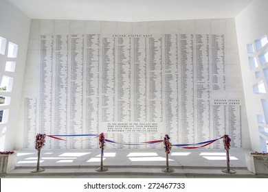 Pearl Harbor, Hawaii - January 11, 2015: Names of American Servicemen killed inscribed on a wall inside the USS Arizona Memorial in Pearl Harbor, Hawaii.