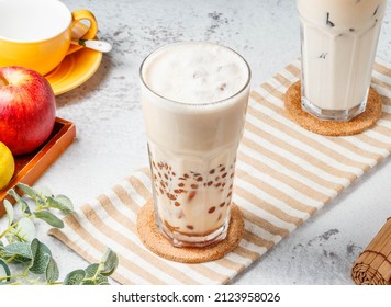 Pearl Milk Tea Boba  Bubble Tea In Glass Jar On Mat With Grey Background Breakfast Drink