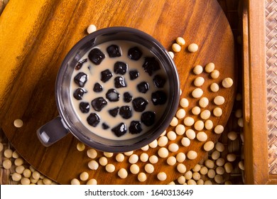 Pearl Milk Tea In Cup On Wood Table, Top View 