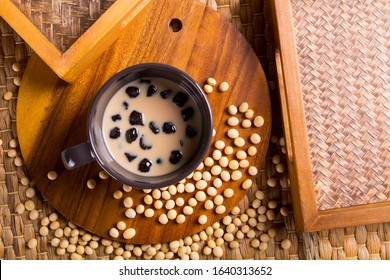 Pearl Milk Tea In Cup On Wood Table, Top View 