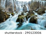 The Pearl Shoal Waterfall is famous waterfall in Jiuzhaigou, China. Waterfall in Jiuzhaigou known for multi-level structure and color.