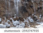 Pearl Shoal Waterfall in winter season, is a waterfall located in Jiuzhaigou, Sichuan Province, China