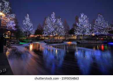 Pearl Springs On The San Antonio River Riverwalk Near The Pearl District Is Festive With Holiday Christmas Lights In The Evening Hours