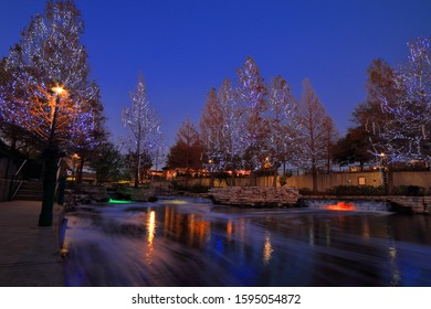 Pearl Springs On The San Antonio River Riverwalk Near The Pearl District Is Festive With Holiday Christmas Lights In The Evening Hours