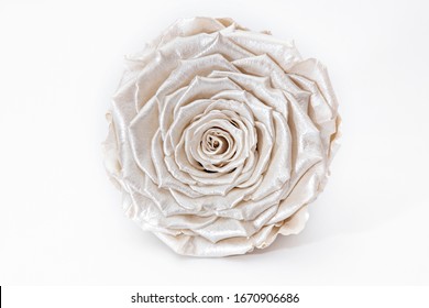 Pearlescent White Rose, Satin Flower Preserved Isolated On White Background, Luxury Gift.