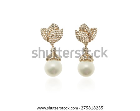 Pearls and diamonds earrings in pink gold isolated on white background