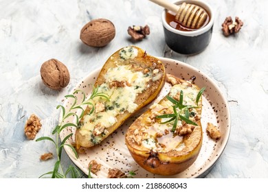 Pears Baked With Blue Cheese, Nuts, Honey. French Cuisine. Vegetarian Lunch. Banner, Menu, Recipe Place For Text, Top View.