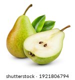 Pears isolated. One and a half green pear fruit with leaf on white background. With clipping path. Full depth of field. 