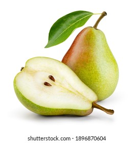 Pears isolated. One and a half green pear fruit with leaf on white background. Pear slice. With clipping path. Full depth of field.  - Shutterstock ID 1896870604