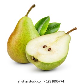 Pears isolated. One and a half green pear fruit with leaf on white background. With clipping path. Full depth of field.  - Shutterstock ID 1921806794