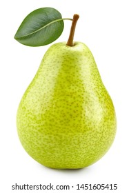 Pears with leaf on white background. One fresh pears clipping path. Quality photo for your project.