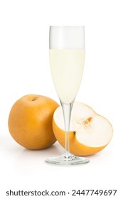 Pears and pear juice on a white background