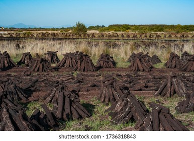 Peat Bog Turf Bricks Drying In A Field In Rural Ireland