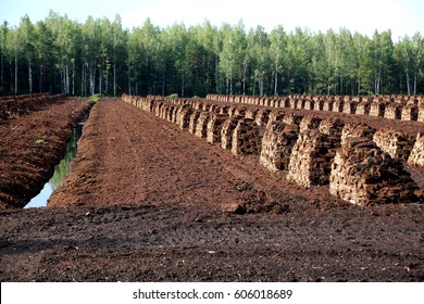 Peat Harvesting Peat Stacked In Lines 