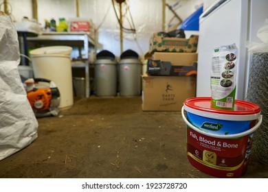 Peat Lane, Bewerley, Harrogate, N Yorks, UK. 20th Feb 2021. Tub Of Organic Fertilizer In The Garden Storage Shed In The Moorland Smallholding In North Yorkshire