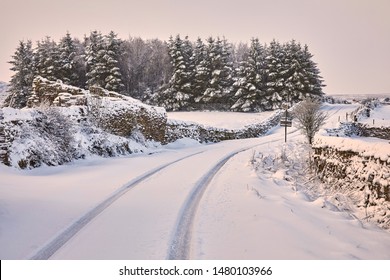 Peat Lane. Bewerley, North Yorkshire, England, UK. 18/01/2018. January and deep winter. Snow laden pines stand beside a snow covered lane with single vehicle tracks at 900ft 