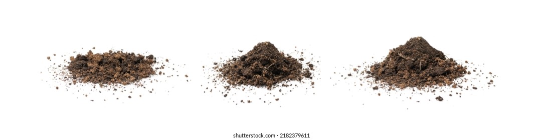 Peat soil isolated. Dried dry dirt, ground pile, manure soil, arid dirt, natural black turf, dirty earth texture on white background side view - Shutterstock ID 2182379611
