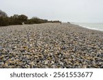 Pebble beach stretches along the shoreline under a cloudy sky. Visitors wander, exploring the unique textures and colors of the stones, while waves gently lap at the shore.