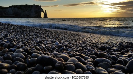 Pebbles At The Beach In Normandy - Beautiful Sunset