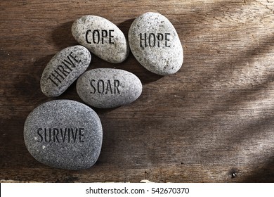 Pebbles Or Stone With Inspirational Text Hope, Cope, Survive, Thrive And Soar Text On A Zen Stones