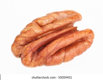 Pecan nut core isolated on white background, shot with remarkable high depth of field
