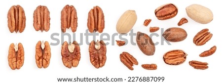 pecan nut decorated isolated on white background. Top view. Flat lay. Set or collection