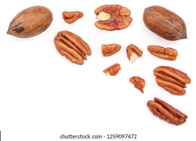 pecan nut isolated on white background with copy space for your text. Top view. Flat lay