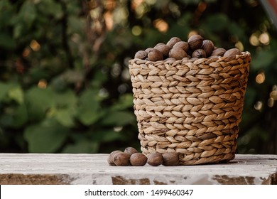 pecan nuts on white wood 